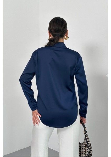 Kadın Gömlek Saten Uzun Kollu Düşük Omuz Düğmeli Şık Gömlek