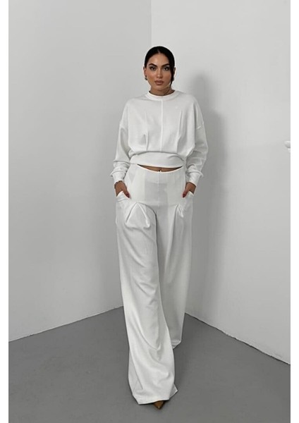 Kadın Ikili Alt Üst Takım Modal Kumaş Düşük Omuz Bisiklet Yaka Crop Üst Piliseli Yüksek Bel Geniş Paça Cepli Pantolon Takım fiyatları