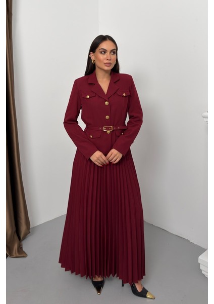Kadın Ikili Alt Üst Takım Şık Kemerli Cep ve Düğme Detaylı Kısa Blazer Ceket Piliseli Uzun Etek Takım fırsatları
