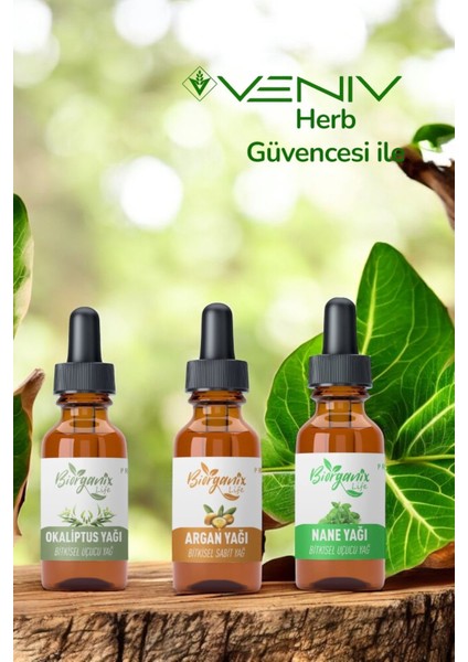 %100 Doğal Yağ Seti - Okaliptus Yağı - Argan Yağı - Nane Yağı 3X20 ml