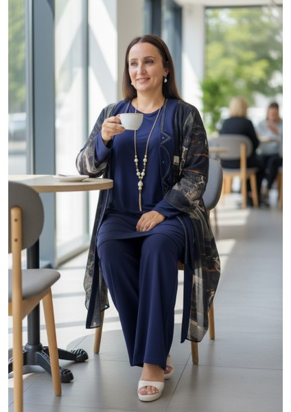 Taş Işlemeli Şal Yaka Kesim Şifon Ceket Bisiklet Yaka Kısa Kol Bluz Beli Lastikli Pantolon 3lü Takım