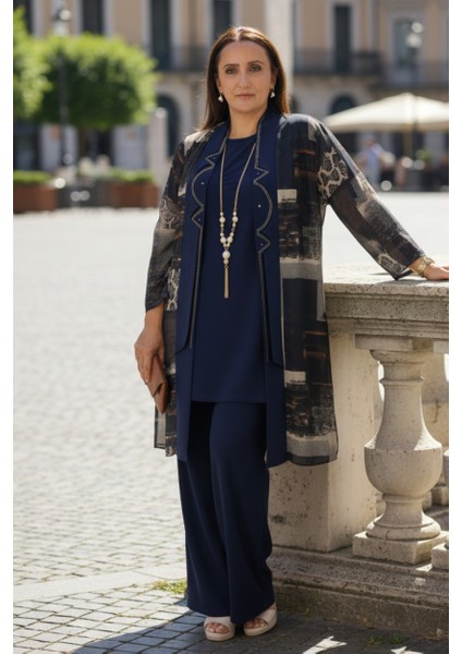 Taş Işlemeli Şal Yaka Kesim Şifon Ceket Bisiklet Yaka Kısa Kol Bluz Beli Lastikli Pantolon 3lü Takım fiyatları