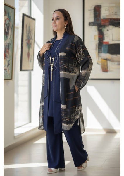 Taş Işlemeli Şal Yaka Kesim Şifon Ceket Bisiklet Yaka Kısa Kol Bluz Beli Lastikli Pantolon 3lü Takım modelleri