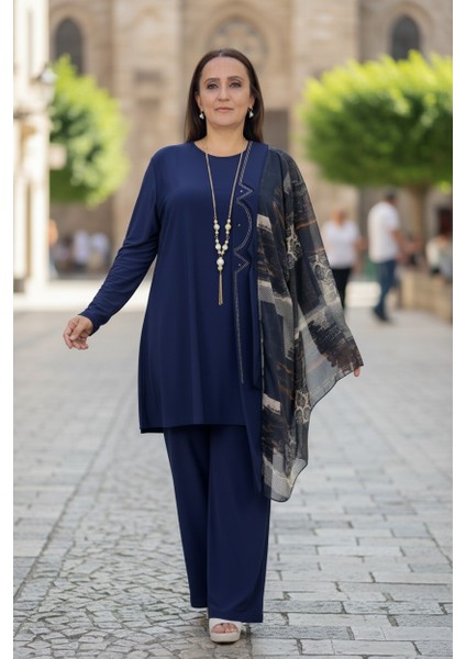 Taş Işlemeli Şal Yaka Kesim Şifon Ceket Bisiklet Yaka Kısa Kol Bluz Beli Lastikli Pantolon 3lü Takım fırsatları