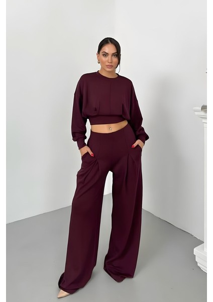 Kadın Ikili Alt Üst Takım Modal Kumaş Düşük Omuz Bisiklet Yaka Crop Üst Piliseli Yüksek Bel Geniş Paça Cepli Pantolon Takım