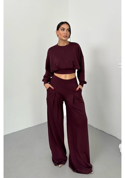 Kadın Ikili Alt Üst Takım Modal Kumaş Düşük Omuz Bisiklet Yaka Crop Üst Piliseli Yüksek Bel Geniş Paça Cepli Pantolon Takım fiyatları