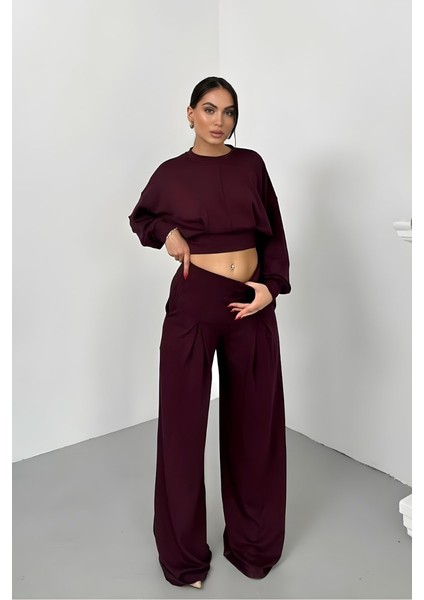 Kadın Ikili Alt Üst Takım Modal Kumaş Düşük Omuz Bisiklet Yaka Crop Üst Piliseli Yüksek Bel Geniş Paça Cepli Pantolon Takım modelleri