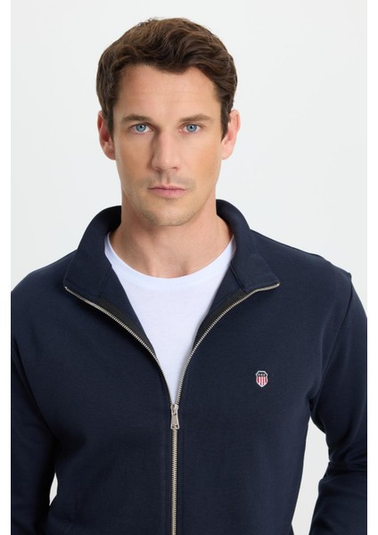 Erkek Slim Fit Dar Kesim Pamuklu Tam Fermuarlı Çift Cepli Dik Yaka Lacivert Sweatshirt Hırka