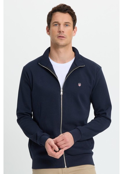 Erkek Slim Fit Dar Kesim Pamuklu Tam Fermuarlı Çift Cepli Dik Yaka Lacivert Sweatshirt Hırka fiyatları