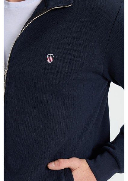 Erkek Slim Fit Dar Kesim Pamuklu Tam Fermuarlı Çift Cepli Dik Yaka Lacivert Sweatshirt Hırka modelleri