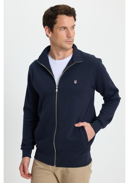 Erkek Slim Fit Dar Kesim Pamuklu Tam Fermuarlı Çift Cepli Dik Yaka Lacivert Sweatshirt Hırka