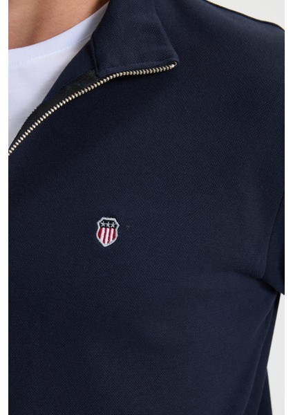 Erkek Slim Fit Dar Kesim Pamuklu Tam Fermuarlı Çift Cepli Dik Yaka Lacivert Sweatshirt Hırka