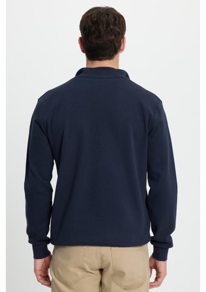 Erkek Slim Fit Dar Kesim Pamuklu Tam Fermuarlı Çift Cepli Dik Yaka Lacivert Sweatshirt Hırka