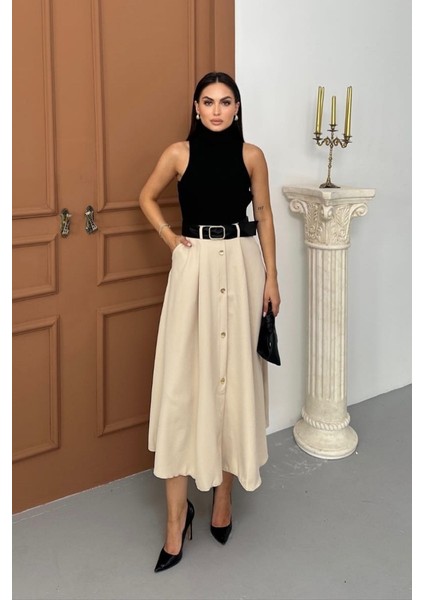 Kadın Elbise Midi Şık Kemerli Balıkçı Yaka Sıfır Kollu Eteği Düğmeli Cepli Kontrast Elbise