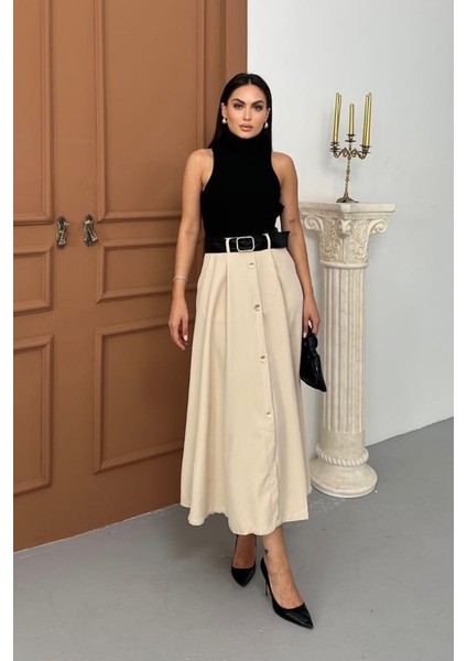 Kadın Elbise Midi Şık Kemerli Balıkçı Yaka Sıfır Kollu Eteği Düğmeli Cepli Kontrast Elbise fiyatları
