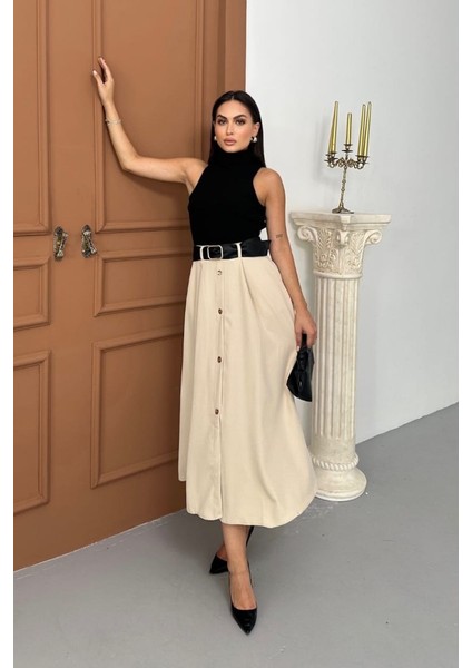 Kadın Elbise Midi Şık Kemerli Balıkçı Yaka Sıfır Kollu Eteği Düğmeli Cepli Kontrast Elbise modelleri