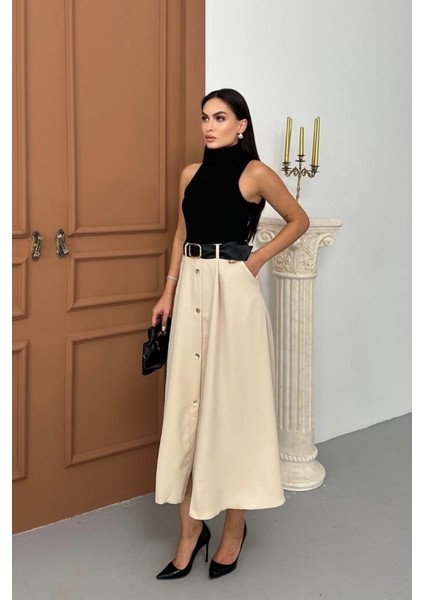 Kadın Elbise Midi Şık Kemerli Balıkçı Yaka Sıfır Kollu Eteği Düğmeli Cepli Kontrast Elbise fırsatları