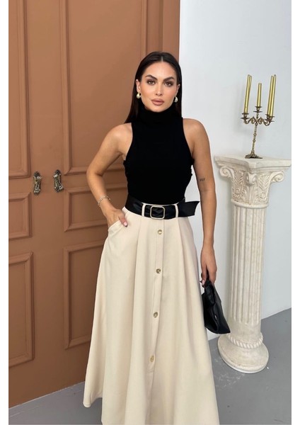 Kadın Elbise Midi Şık Kemerli Balıkçı Yaka Sıfır Kollu Eteği Düğmeli Cepli Kontrast Elbise indirimleri