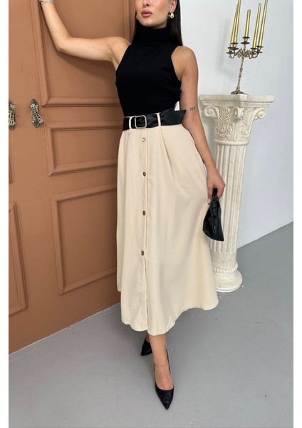 Kadın Elbise Midi Şık Kemerli Balıkçı Yaka Sıfır Kollu Eteği Düğmeli Cepli Kontrast Elbise