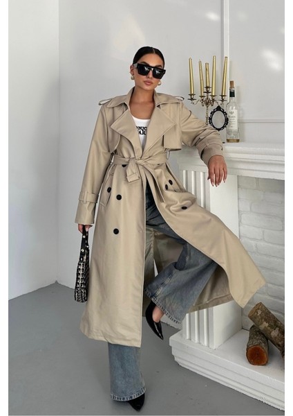 Kadın Trençkot Uzun Suni Deri Kemerli Düğmeli Cepli Yırtmaçlı Kruvaze Yaka Trençkot fiyatları