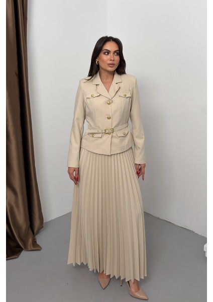 Kadın Ikili Alt Üst Takım Şık Kemerli Cep ve Düğme Detaylı Kısa Blazer Ceket Piliseli Uzun Etek Takım fırsatları