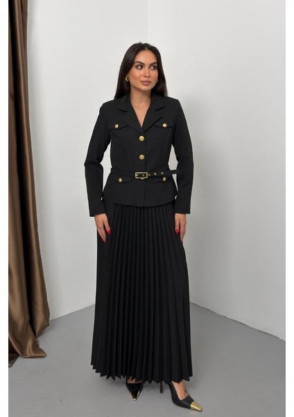 Kadın Ikili Alt Üst Takım Şık Kemerli Cep ve Düğme Detaylı Kısa Blazer Ceket Piliseli Uzun Etek Takım fiyatları