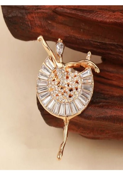 Taşlı Altın Rengi Balerin Broş