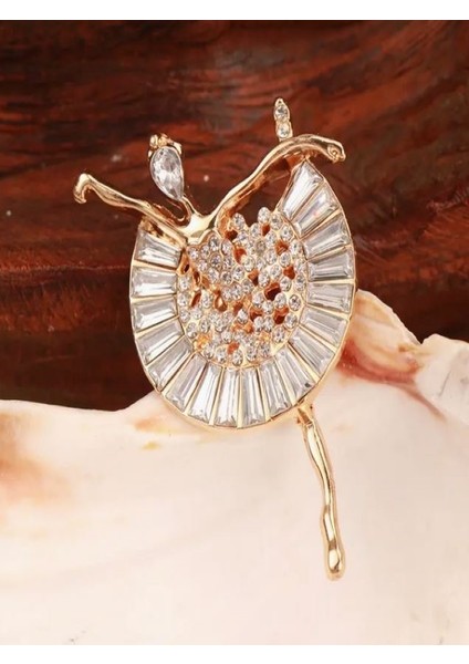 Taşlı Altın Rengi Balerin Broş