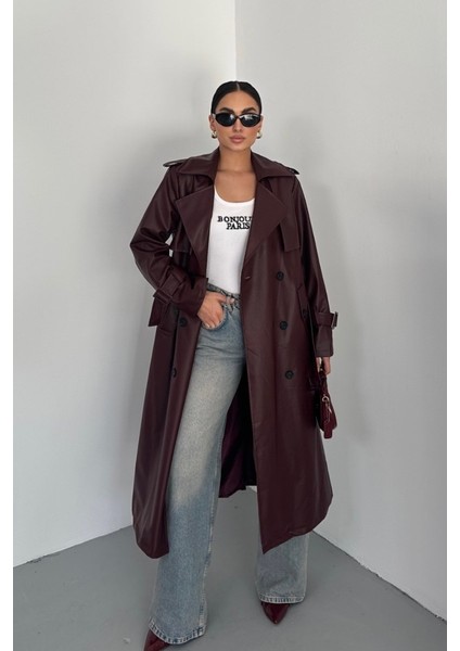 Kadın Trençkot Uzun Suni Deri Kemerli Düğmeli Cepli Yırtmaçlı Kruvaze Yaka Trençkot fiyatları