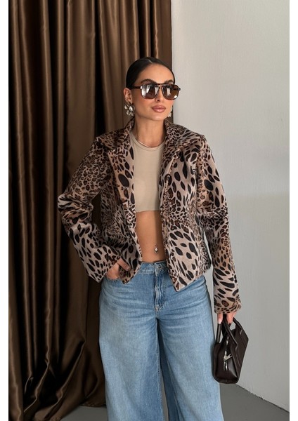 Kadın Ceket Kısa Leopar Desenli Fox Kumaş Ceket Yaka Düğmeli Kürk Mont fiyatları