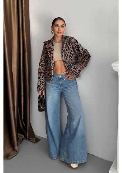 Kadın Ceket Kısa Leopar Desenli Fox Kumaş Ceket Yaka Düğmeli Kürk Mont fırsatları
