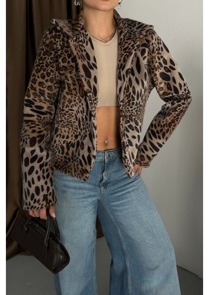 Kadın Ceket Kısa Leopar Desenli Fox Kumaş Ceket Yaka Düğmeli Kürk Mont indirimleri