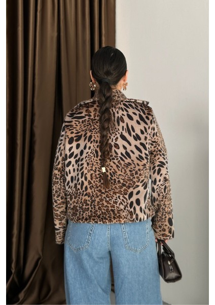 Kadın Ceket Kısa Leopar Desenli Fox Kumaş Ceket Yaka Düğmeli Kürk Mont