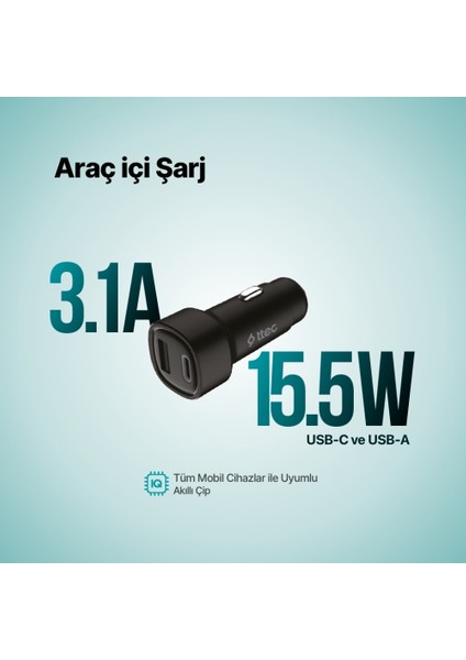 Smartcharger Duo Araç Şarj Aleti, 3.1A, 15.5 W, Usb-C+Usb-A