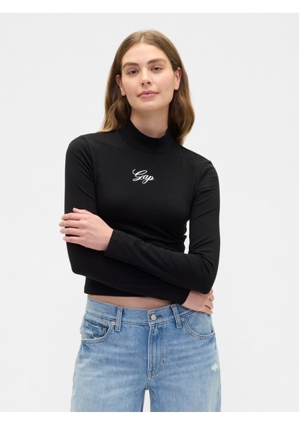 Kadın Siyah Crop Gap Logo Mockneck T-Shirt