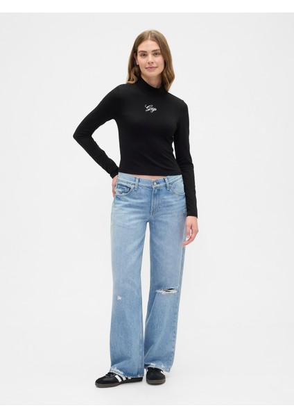 Kadın Siyah Crop Gap Logo Mockneck T-Shirt indirimleri