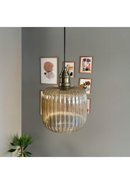 Mopa Cam Bal Rengi Tekli Avize Lale Başlık Retro Sarkıt Lamba Restoran Salon Aydınlatma