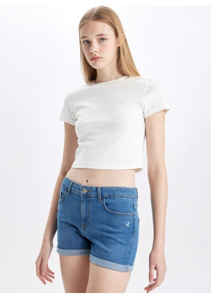 Yüksek Bel Katlamalı Paça Jean Şort