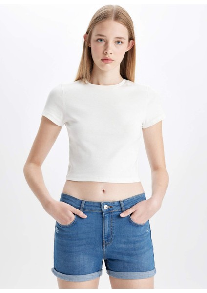 Yüksek Bel Katlamalı Paça Jean Şort