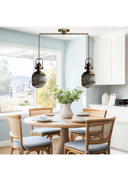 Ikili Mopa Cam Füme Metal Çubuk Avize Eskitme Başlık Retro Sarkıt Lamba Salon Aydınlatma