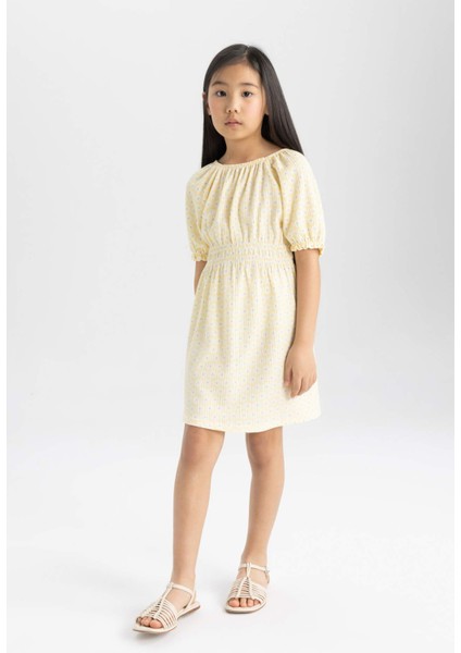 Kız Çocuk Bürümcük Desenli Kısa Kollu Elbise