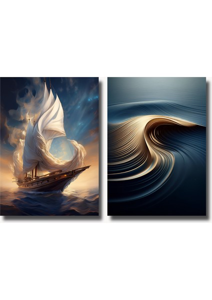Rosa Art Çerçevesiz Poster 2'li Set | Yelkenli Gemi ve Soyut Sarı Dalga Posteri | Modern Dekorasyon Poster