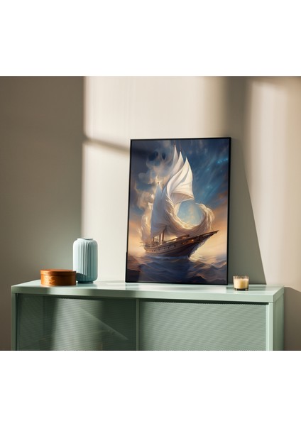 Rosa Art Çerçevesiz Poster 2'li Set | Yelkenli Gemi ve Soyut Sarı Dalga Posteri | Modern Dekorasyon Poster