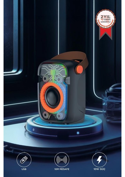 D77 Siyah Taşınabilir Bluetooth Hoparlör 10W Rgb Işıklı Güçlü Baslı