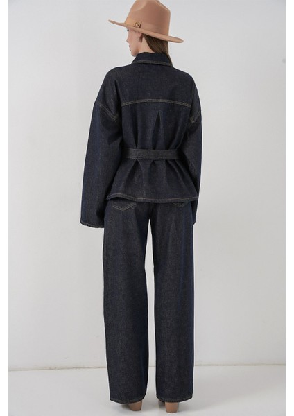 Kadın Bdart Cep Detaylı Ceket & Pantolon Kot Takım Gece Mavisi