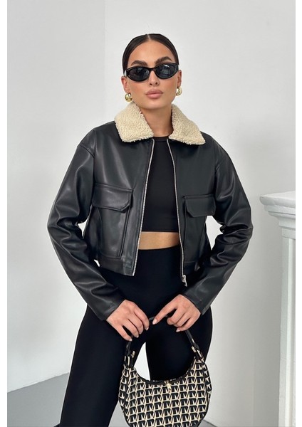 Kadın Crop Ceket Suni Deri Yakası Kürklü Fermuarlı Çift Cepli Kısa Deri Mont