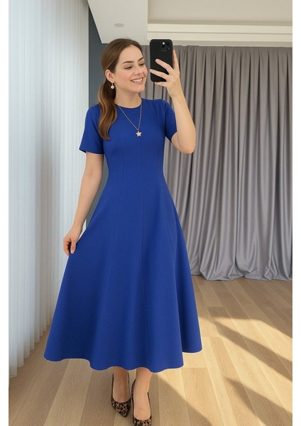 Kadın Kısa Kollu Bisiklet Yaka Maksi Boy Ithal Krep Elbise