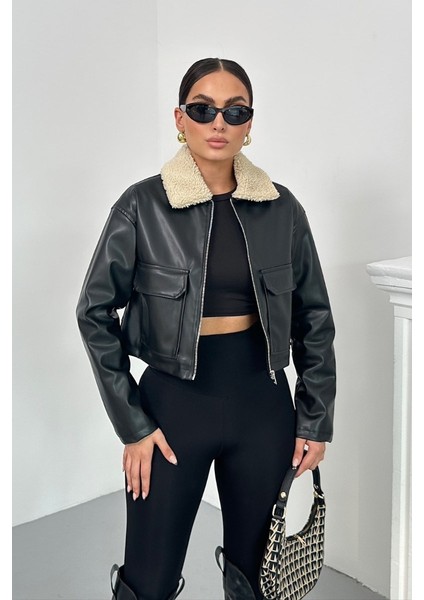 Kadın Crop Ceket Suni Deri Yakası Kürklü Fermuarlı Çift Cepli Kısa Deri Mont fiyatları