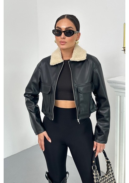Kadın Crop Ceket Suni Deri Yakası Kürklü Fermuarlı Çift Cepli Kısa Deri Mont modelleri