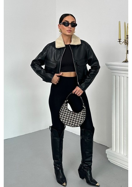 Kadın Crop Ceket Suni Deri Yakası Kürklü Fermuarlı Çift Cepli Kısa Deri Mont fırsatları